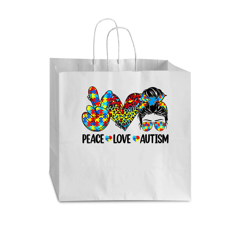 Peace Love Autism Mom Life Messy Bun Blue Autism Awareness T Shirt Vogue Paper Bag - 16 X 6 X 12 | Artistshot