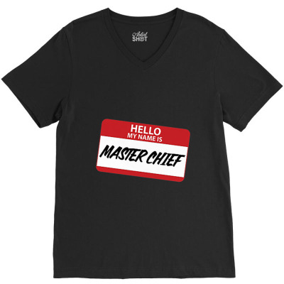 Hello My Name Is Master Chief Fun Name Tag Design For Mcpos Premium V-neck Tee Designed By Tiktify