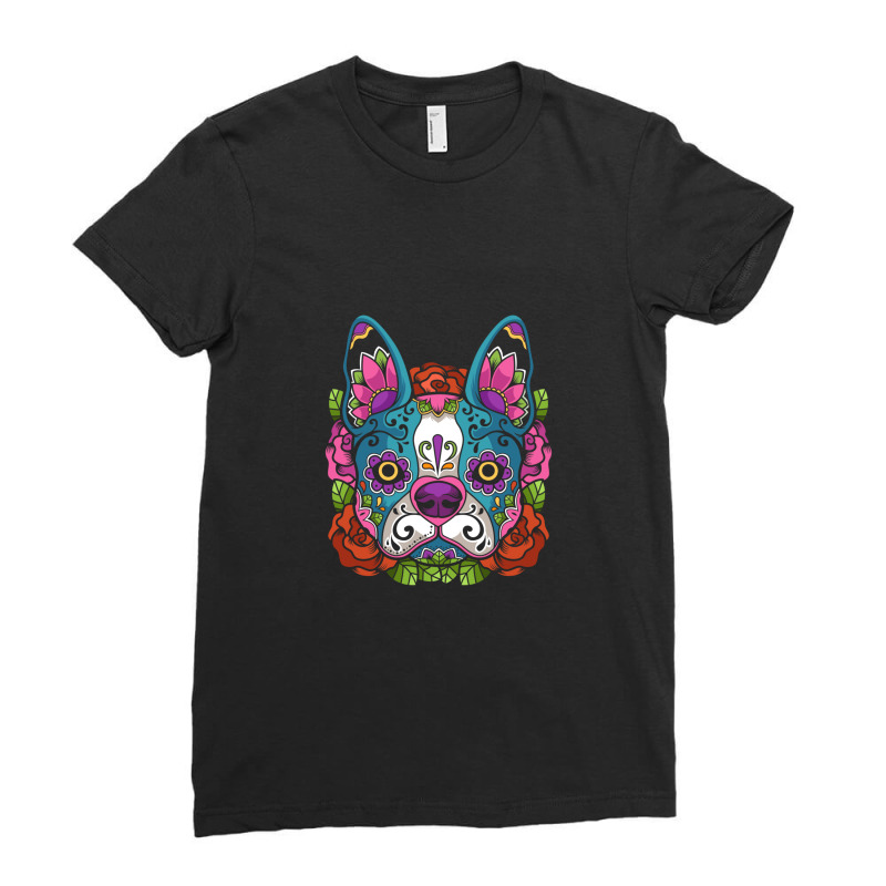 Boston Terrier Sugar Skull Dog Calavera Dia De Los Muertos Long Sleeve Ladies Fitted T-Shirt by Yuh2105 | Artistshot