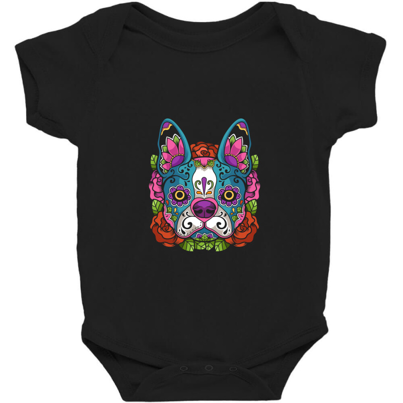 Boston Terrier Sugar Skull Dog Calavera Dia De Los Muertos Long Sleeve Baby Bodysuit by Yuh2105 | Artistshot