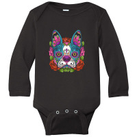 Boston Terrier Sugar Skull Dog Calavera Dia De Los Muertos Long Sleeve Long Sleeve Baby Bodysuit | Artistshot