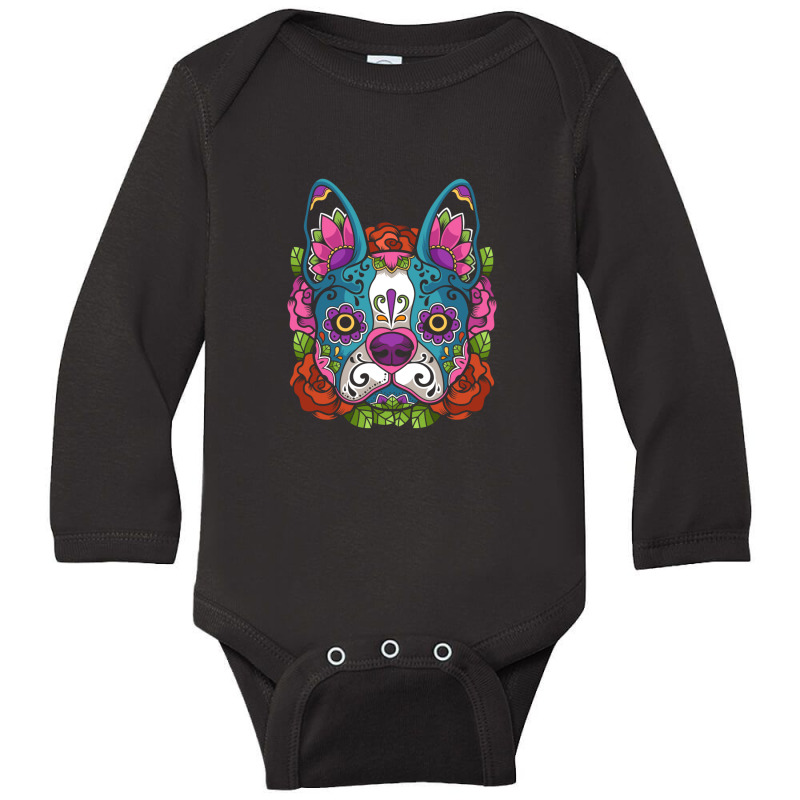 Boston Terrier Sugar Skull Dog Calavera Dia De Los Muertos Long Sleeve Long Sleeve Baby Bodysuit by Yuh2105 | Artistshot