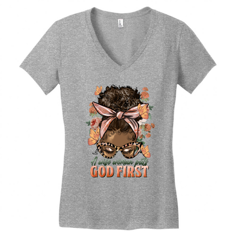 Afro Messy Bun A Wise Woman Puts God First Women's V-Neck T-Shirt by HRA Design Shop | Artistshot