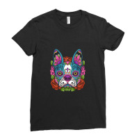 Boston Terrier Sugar Skull Dog Calavera Dia De Los Muertos Long Sleeve Ladies Fitted T-shirt | Artistshot