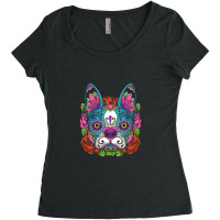 Boston Terrier Sugar Skull Dog Calavera Dia De Los Muertos Long Sleeve Women's Triblend Scoop T-shirt | Artistshot