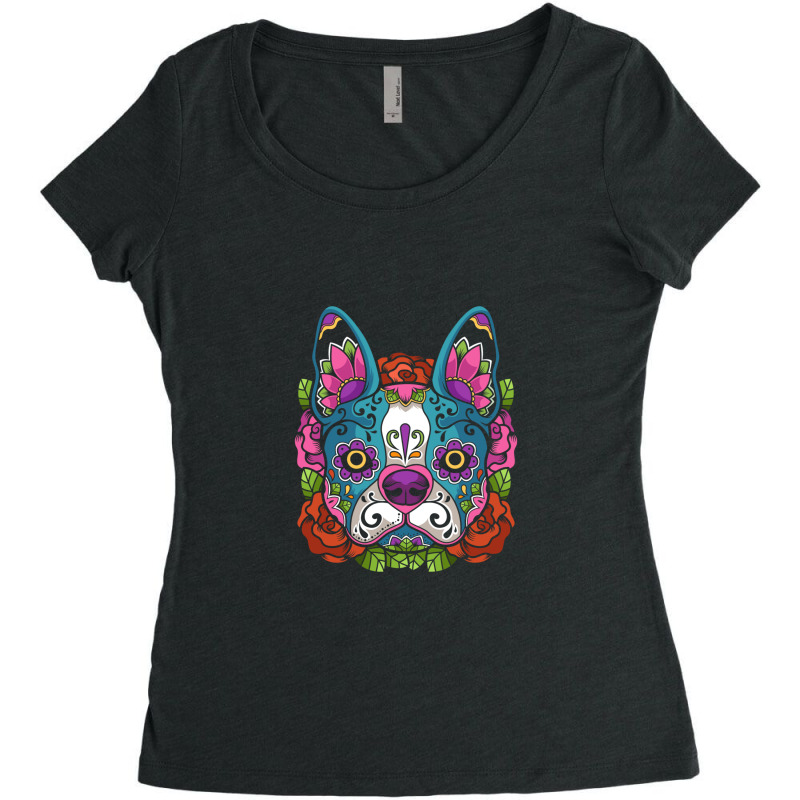 Boston Terrier Sugar Skull Dog Calavera Dia De Los Muertos Long Sleeve Women's Triblend Scoop T-shirt by YenNgoc | Artistshot