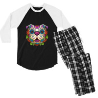 English Bulldog Sugar Skull Dog Calavera Dia De Los Muertos T Shirt Men's 3/4 Sleeve Pajama Set | Artistshot