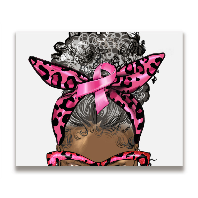 Breast Cancer Warrior Afro Messy Bun Gray Hair Metal Print Horizontal | Artistshot