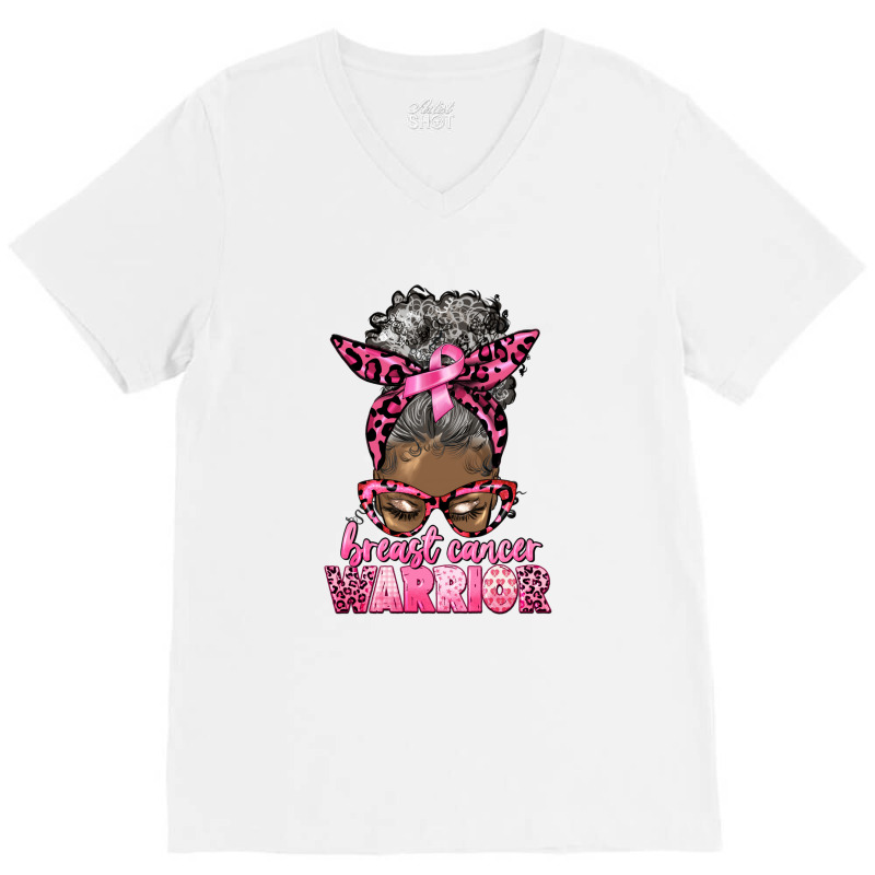 Breast Cancer Warrior Afro Messy Bun Gray Hair V-neck Tee | Artistshot