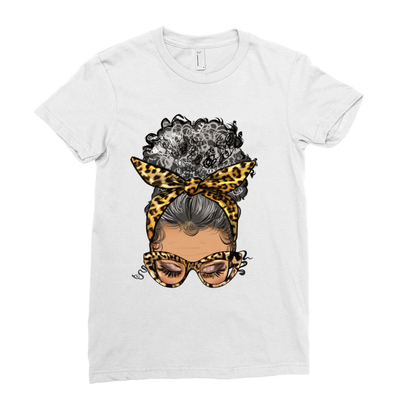 Afro Messy Bun Light Skin Gray Hair Leopard Ladies Fitted T-shirt | Artistshot