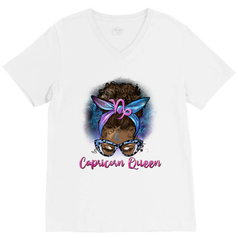 Afro Messy Bun Capricorn Queen V-neck Tee | Artistshot