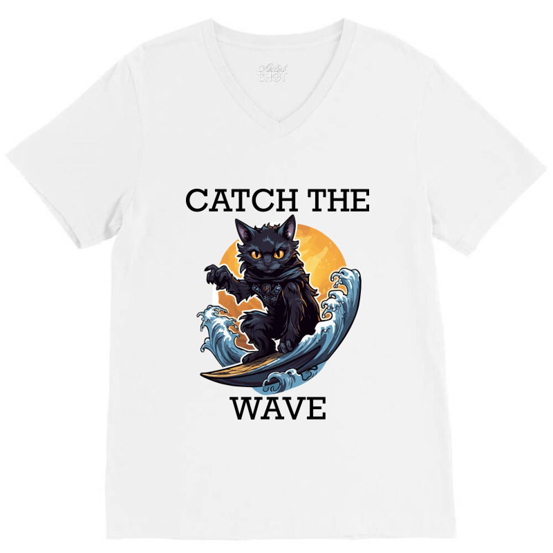 Black Cat Surfing - Catch The Wave (black Letterin V-Neck Tee by velvetroom | Artistshot