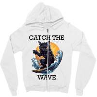 Black Cat Surfing - Catch The Wave (black Letterin Zipper Hoodie | Artistshot