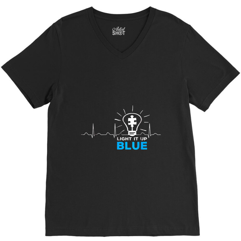 Light It Up Blue Tshirt Puzzle Heartbeat Autism Awareness V-Neck Tee by salamwarna | Artistshot