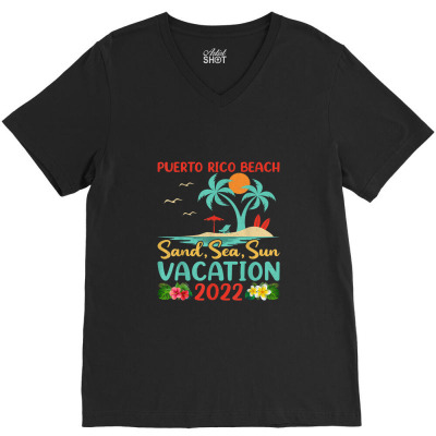 Beach Vacation 2022 Retro Sunset San Juan Puerto Rico Beach V-neck Tee Designed By Tiktify