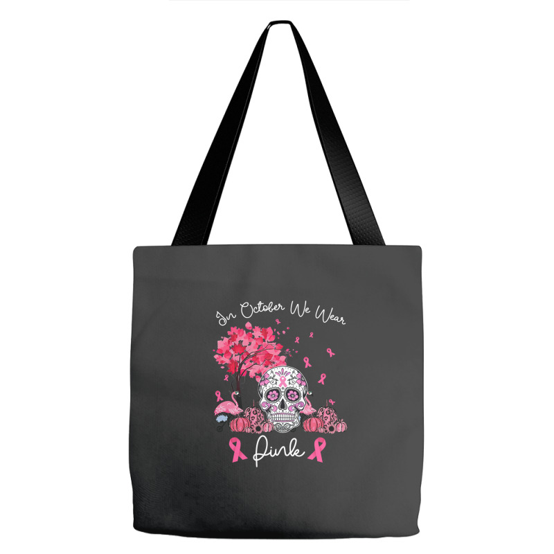 In October We Wear Pink Sugar Skull Moon Breast Cancer Tote Bags | Artistshot