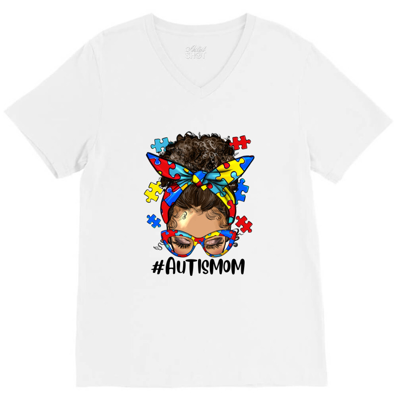 Afro Messy Bun Light Skin Autism Mom V-neck Tee | Artistshot