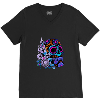 Sugar Skull Flowers Day Of The Dead Dia Muertos Gift Idea T Shirt V-neck Tee Designed By Vivu991