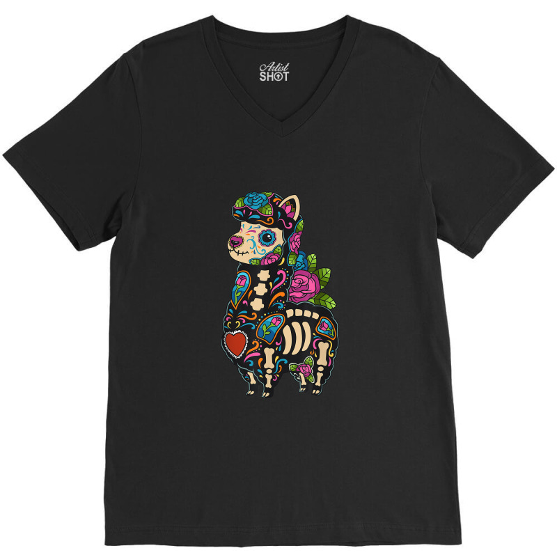 Llama Sugar Skull Mexico Alpaca Calavera Dia De Los Muertos T Shirt V-Neck Tee by Yuh2105 | Artistshot