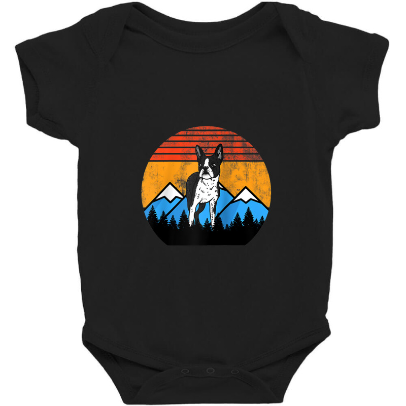 Retro Vintage Boston Terrier Sunset Mountains Distressed Raglan Baseba Baby Bodysuit | Artistshot