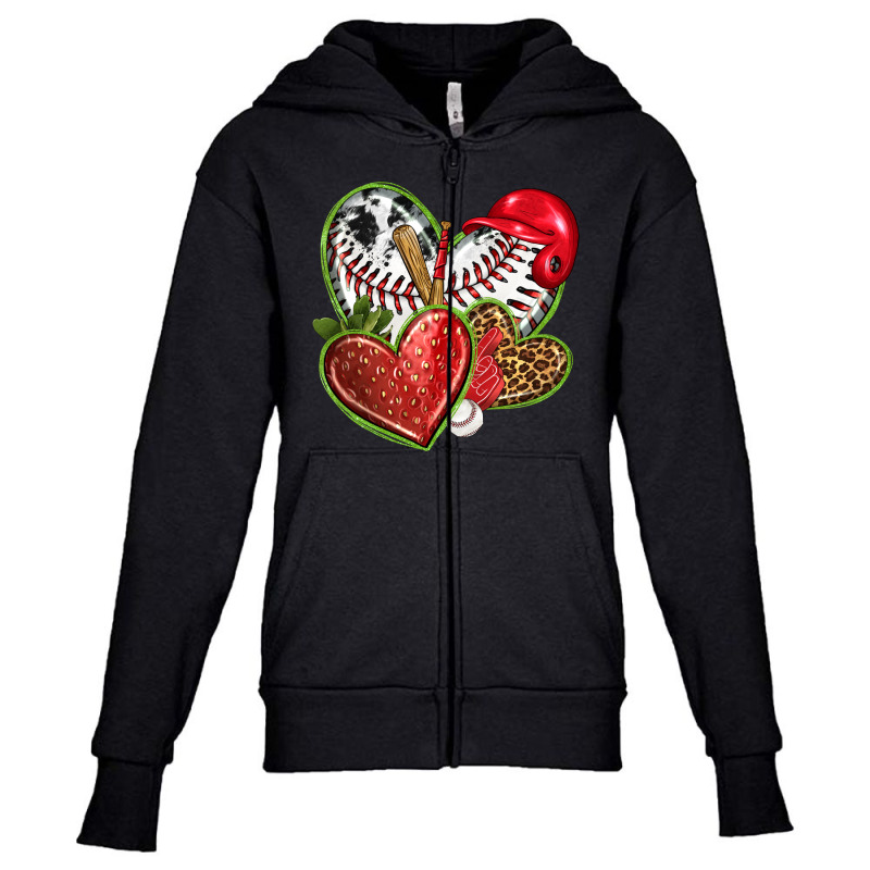 Baseball With Strawberry Hearts Youth Zipper Hoodie | Artistshot