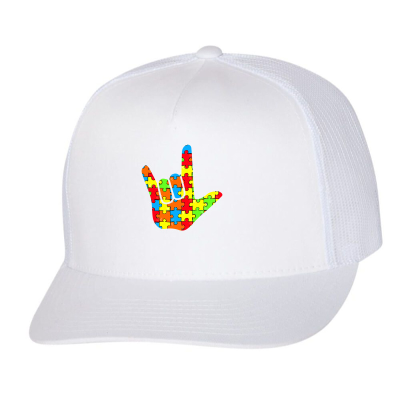 Asl Love Sign Language Autism Gift Awareness Support T Shirt Trucker Cap by sieuduong86 | Artistshot