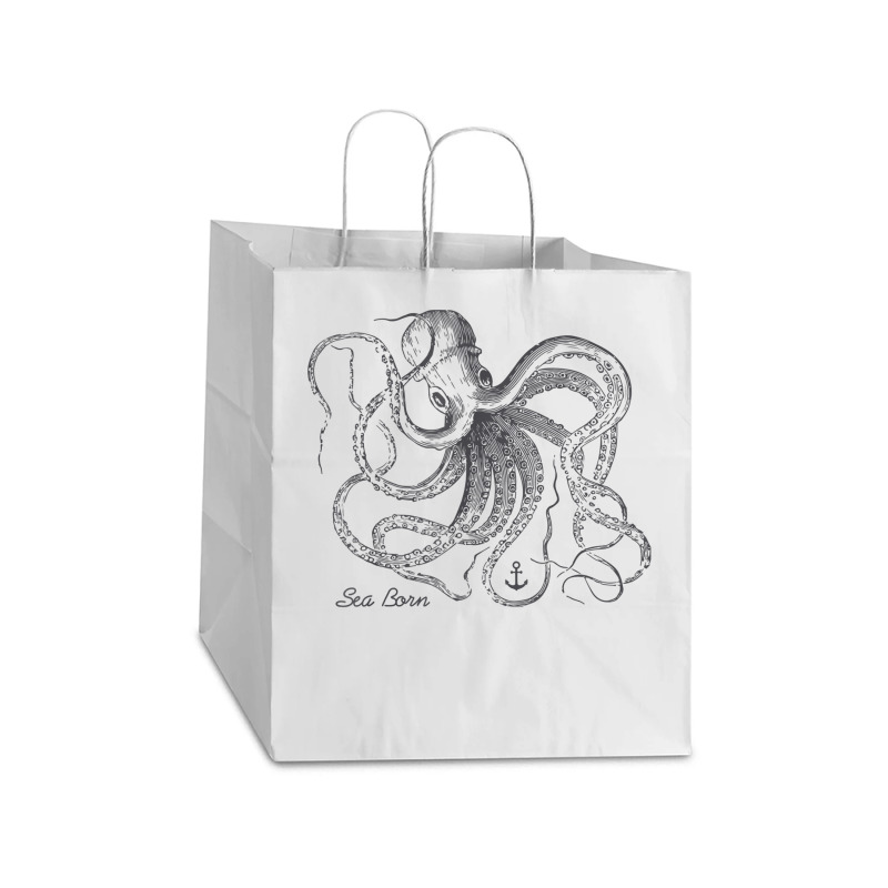 Vintage Black Octopus Marine Biologist Ocean Sea Life 5 Take Out Paper Bag - 14 X 10 X 15 1/2 | Artistshot