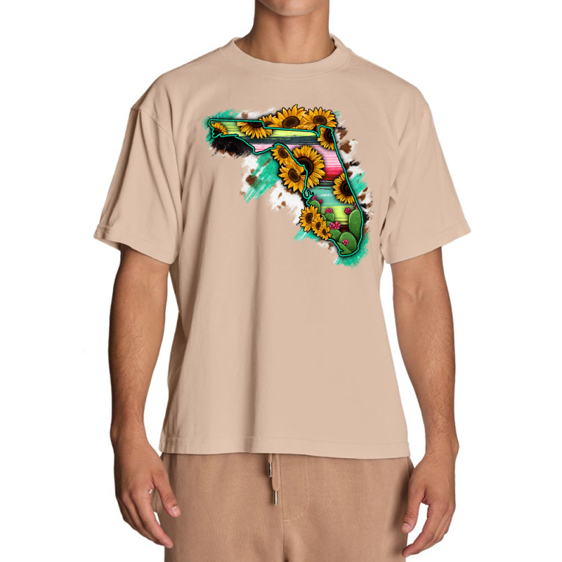 Florida Map With Sunflower And Serape Cactus Urban Heavy T-shirt | Artistshot