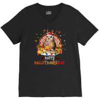 Owl Thankgiving Halloween Christmas Happy Hallothanksmas V-neck Tee | Artistshot