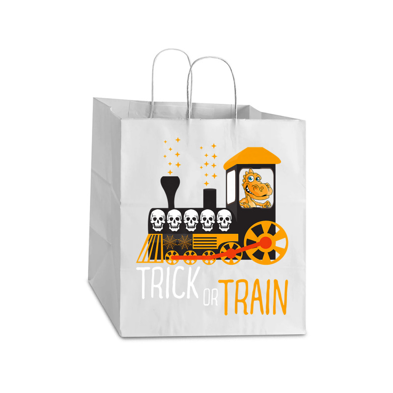 Trick Or Train Halloween Dinosaur Riding Train Funny Kids Premium T Sh Take Out Paper Bag - 14 X 10 X 15 1/2 | Artistshot