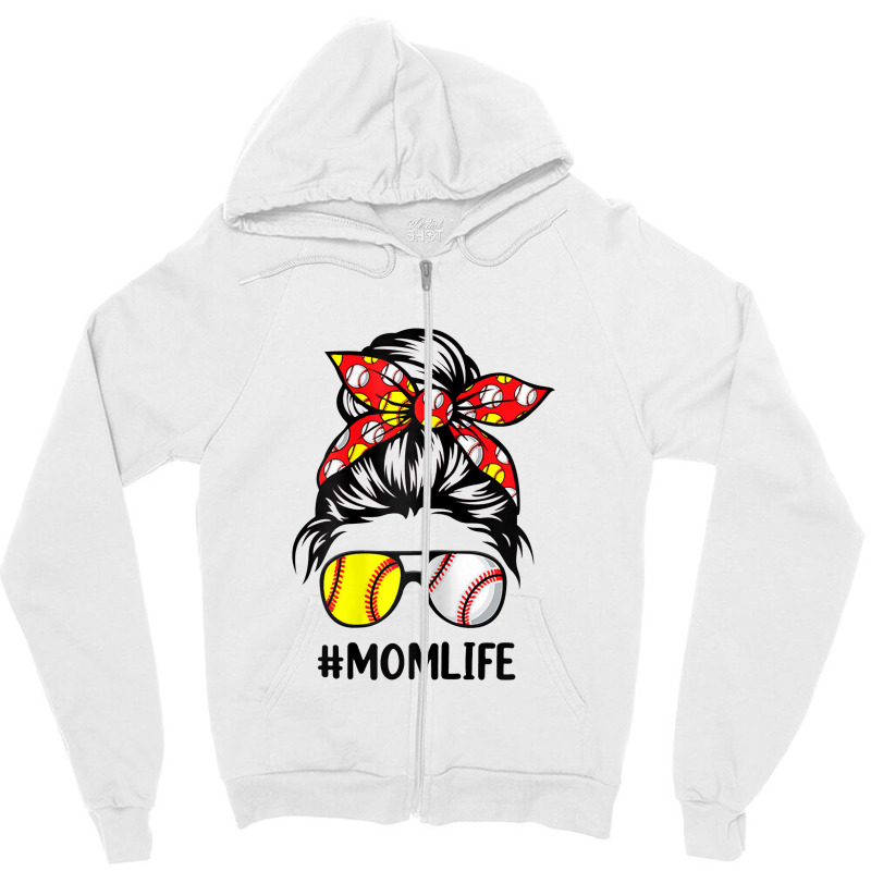 Womens Mom Life Softball Baseball Mothers Day Messy Bun Zipper Hoodie | Artistshot