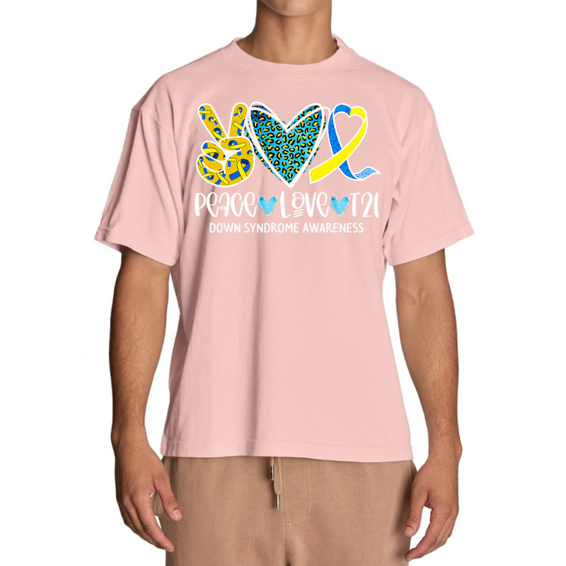 Peace Love Cure Blue & Yellow Ribbon Down Syndrome Awareness T Shirt Urban Heavy T-shirt by trokeryth | Artistshot