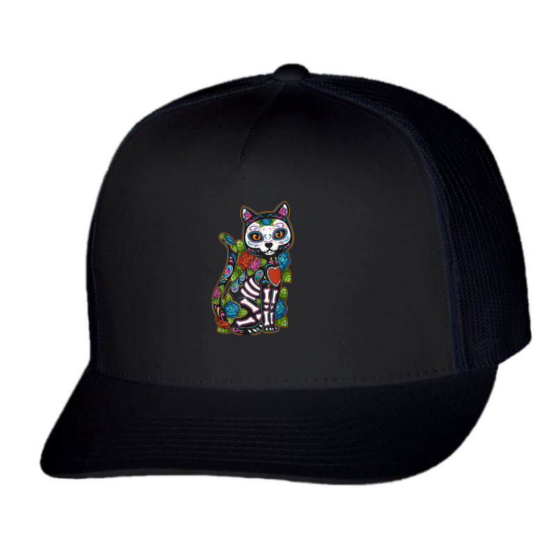 Cat Sugar Skull Mexico Calavera Dia De Los Muertos Halloween Trucker Cap by SonjaBogenschutz | Artistshot