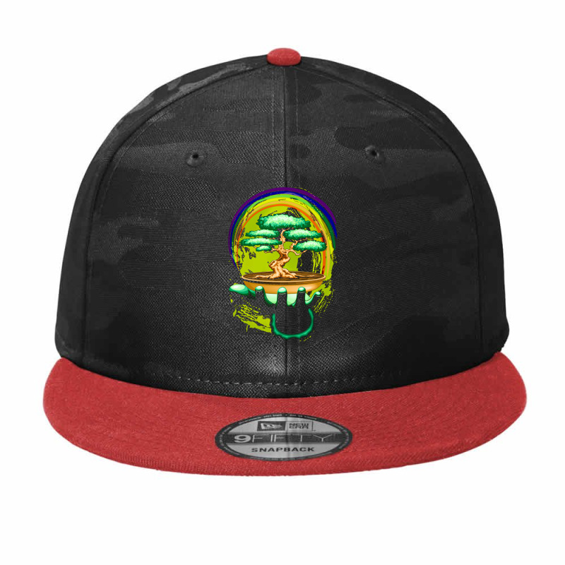 Bonsai Tree And Rainbow On Green Hand, Bonsai Tree, Rainbow On Green H Camo Snapback | Artistshot