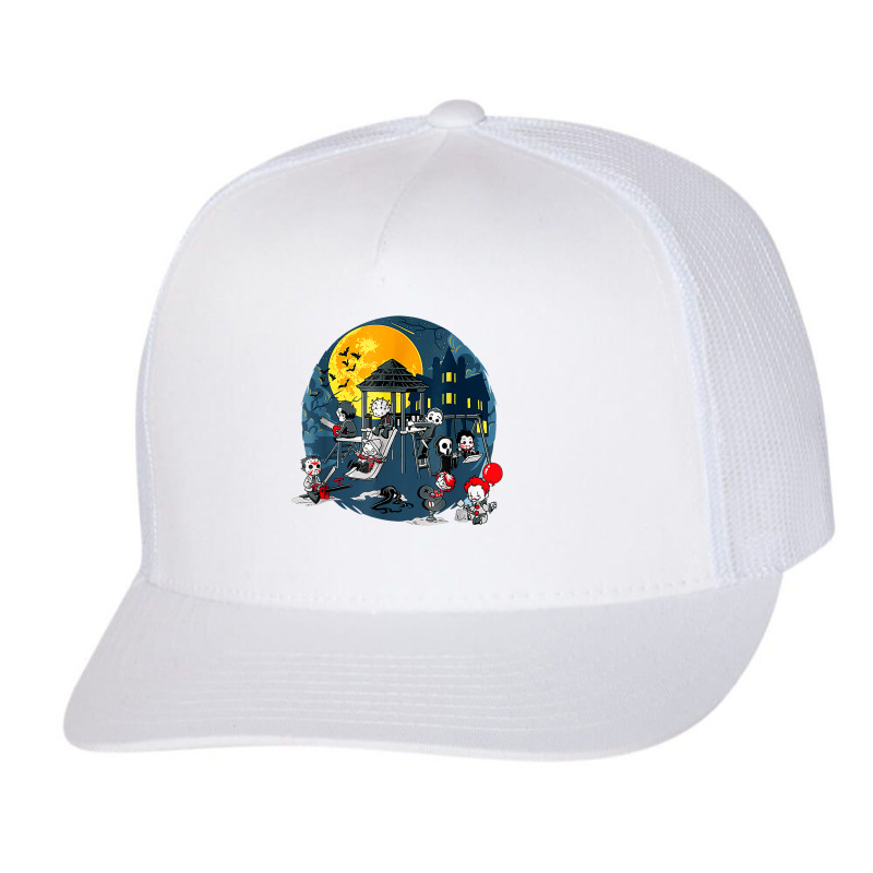 Horror Clubhouse In Park Halloween Spooky Characters Costume Trucker Cap | Artistshot