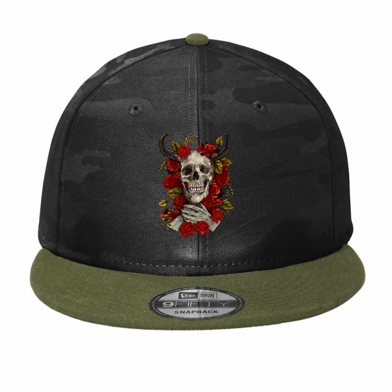 Bull Human Skull With Roses Camo Snapback by RanaPortraitStore | Artistshot