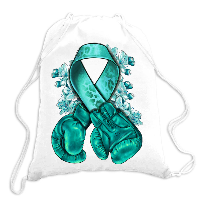 Ovarian Cancer Teal Ribbon With Boxing Gloves Drawstring Bags | Artistshot