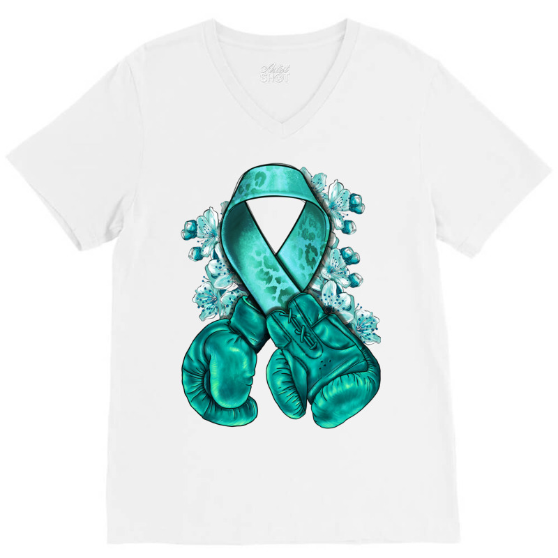 Ovarian Cancer Teal Ribbon With Boxing Gloves V-neck Tee | Artistshot