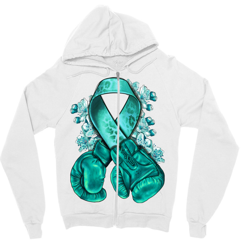 Ovarian Cancer Teal Ribbon With Boxing Gloves Zipper Hoodie | Artistshot