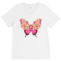 Pink Ribbon Breast Cancer Butterfly V-neck Tee | Artistshot