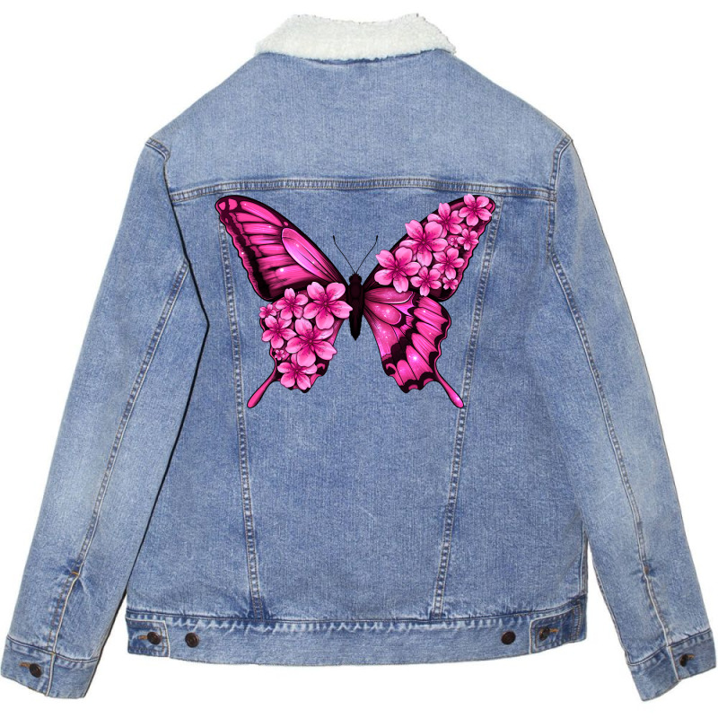 Floral Pink Butterfly Unisex Sherpa-lined Denim Jacket | Artistshot