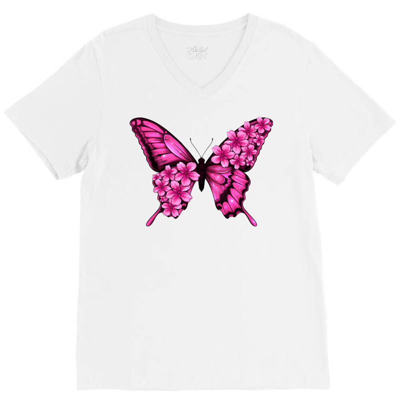 Floral Pink Butterfly V-neck Tee | Artistshot