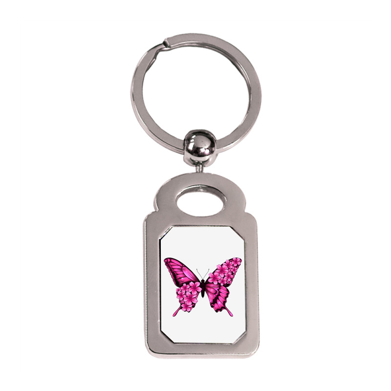 Floral Pink Butterfly Silver Rectangle Keychain | Artistshot