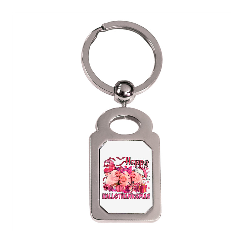 Happy Hallothanksmas Pigs Pink Silver Rectangle Keychain | Artistshot