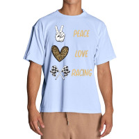 Women's Racing Design Kids Girls Peace Love Racing Race Flag Video Gam Urban Heavy T-shirt | Artistshot