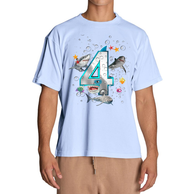 Kids 4th Birthday Boys Shark 4 Years Old Ocean Shark B Day T Shirt Urban Heavy T-shirt | Artistshot