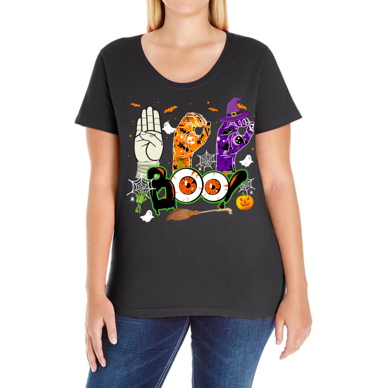 Boo American Sign Language Asl Deaf Halloween Costume Ladies Curvy T-Shirt by UbengArt | Artistshot