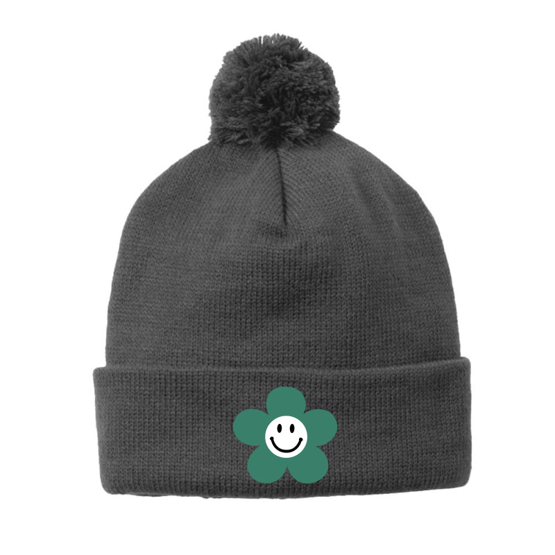 Viridian Green Daisy Smile Face Flower Pom Pom Beanie by GlassKaca | Artistshot