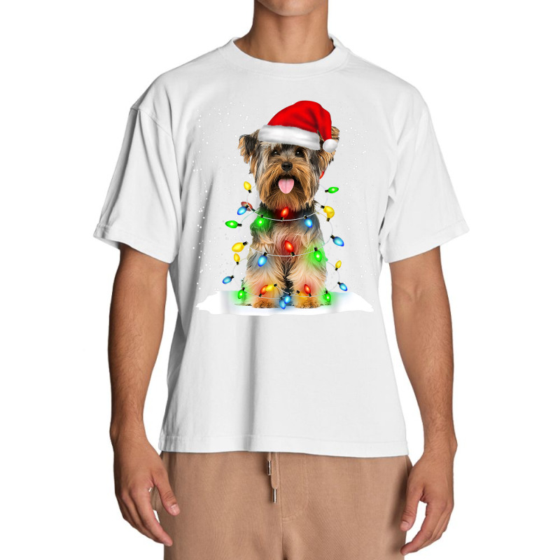 Yorkshire Terrier Christmas Santa Hat Xmas Color Lights Urban Heavy T-shirt by Fly | Artistshot