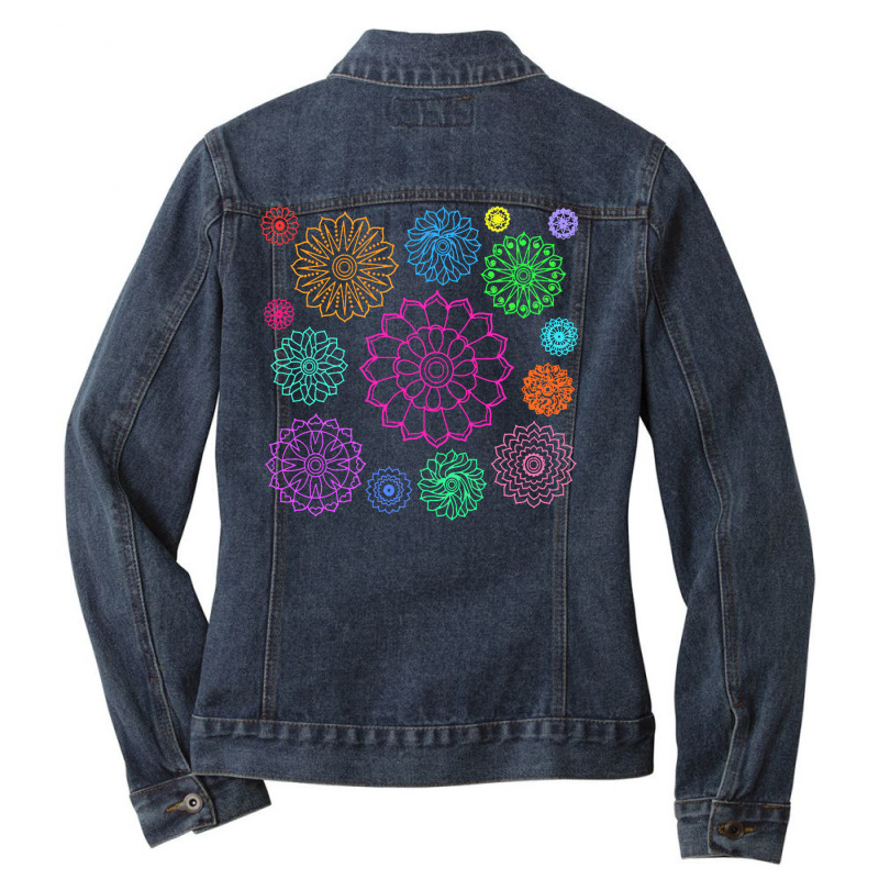 Flower Pattern T  Shirt Colorful Groovy Flower Pattern Outline T  Shir Ladies Denim Jacket by pullovercostarican | Artistshot